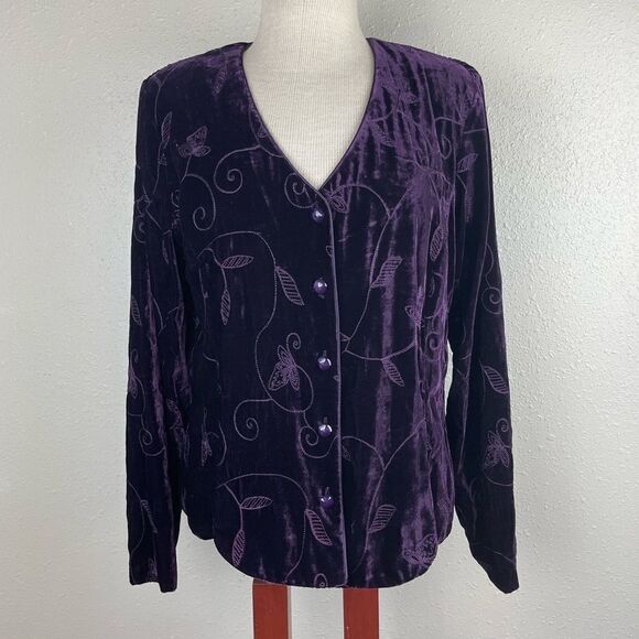 NWOT Coldwater Creek Purple Velour Button Down Jacket Top Size L EUC - Picture 1 of 5